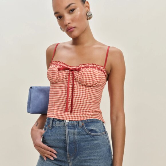 Reformation Andrea Top NWT - Strawberry Check - Picture 1 of 12